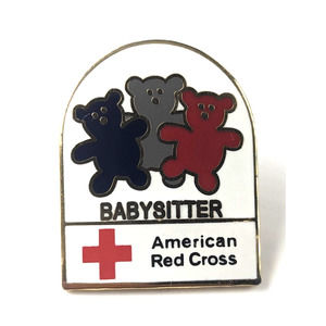 VTG American Red Cross ARC Babysitter Three Teddy Bears Enamel Pin Blue White...